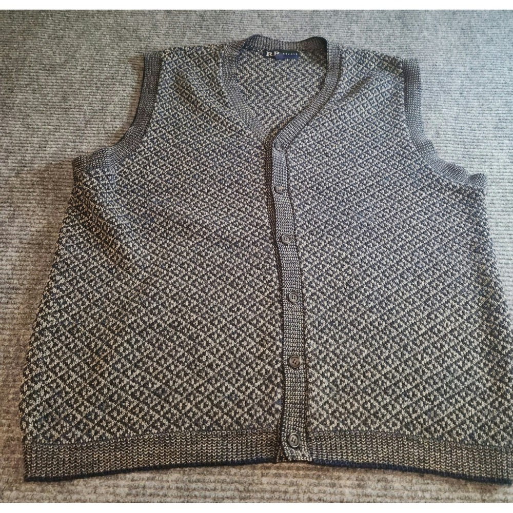 Vintage R&R Casuals Mens Large Button Front Sweater Vest Geometric Knit Blue USA